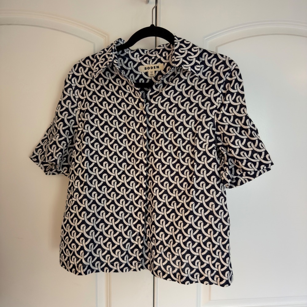 Boden Navy White Chain Link Print Linen Cotton Short Sleeve Button Down Shirt 8